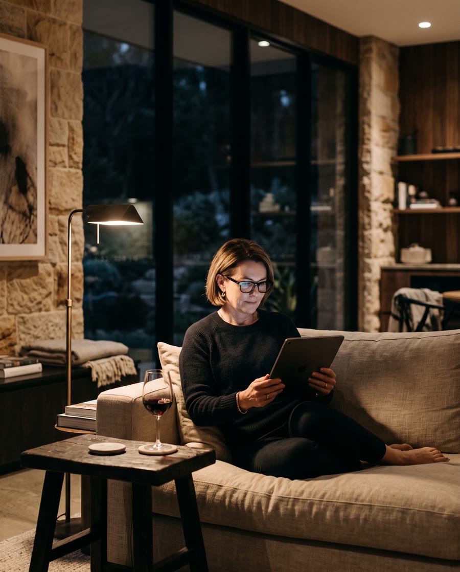 A woman watching a builder's video on an iPad at home in the evening