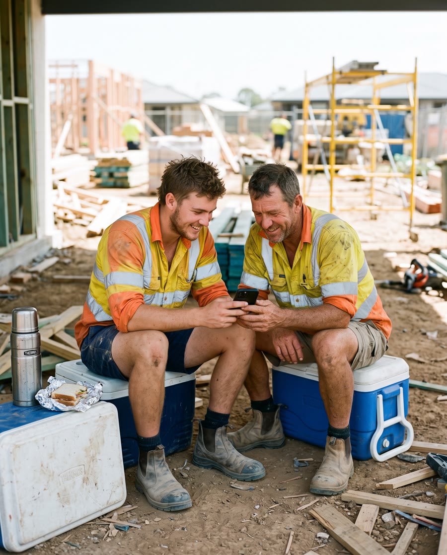Two tradesmen laughing at a video on a phone at smoko